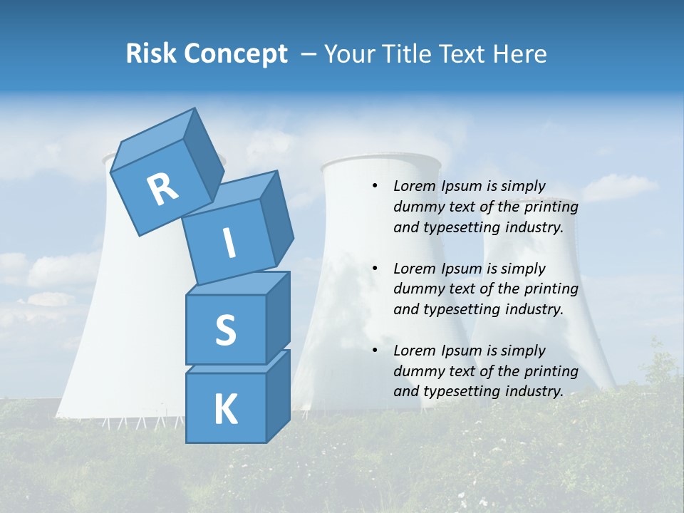 Three Cooling Towers In A Field With A Blue Sky In The Background PowerPoint Template