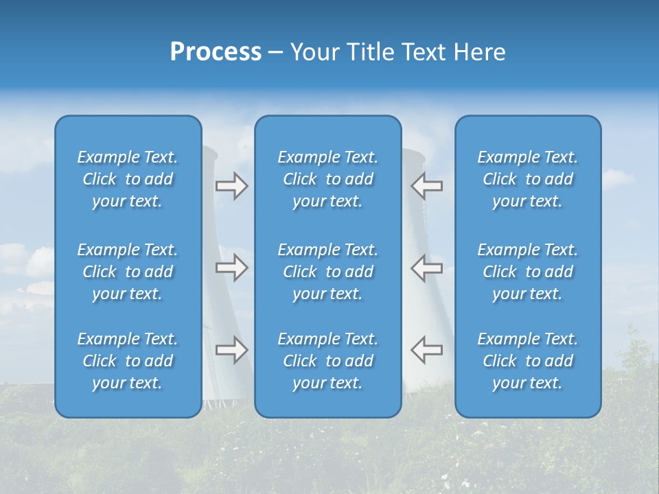 Three Cooling Towers In A Field With A Blue Sky In The Background PowerPoint Template