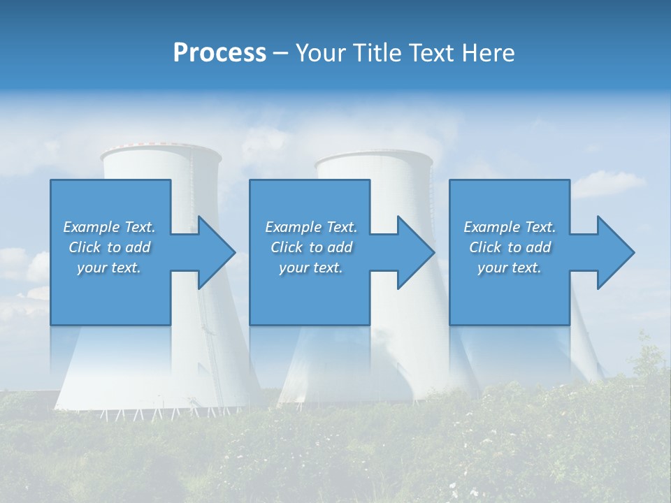 Three Cooling Towers In A Field With A Blue Sky In The Background PowerPoint Template
