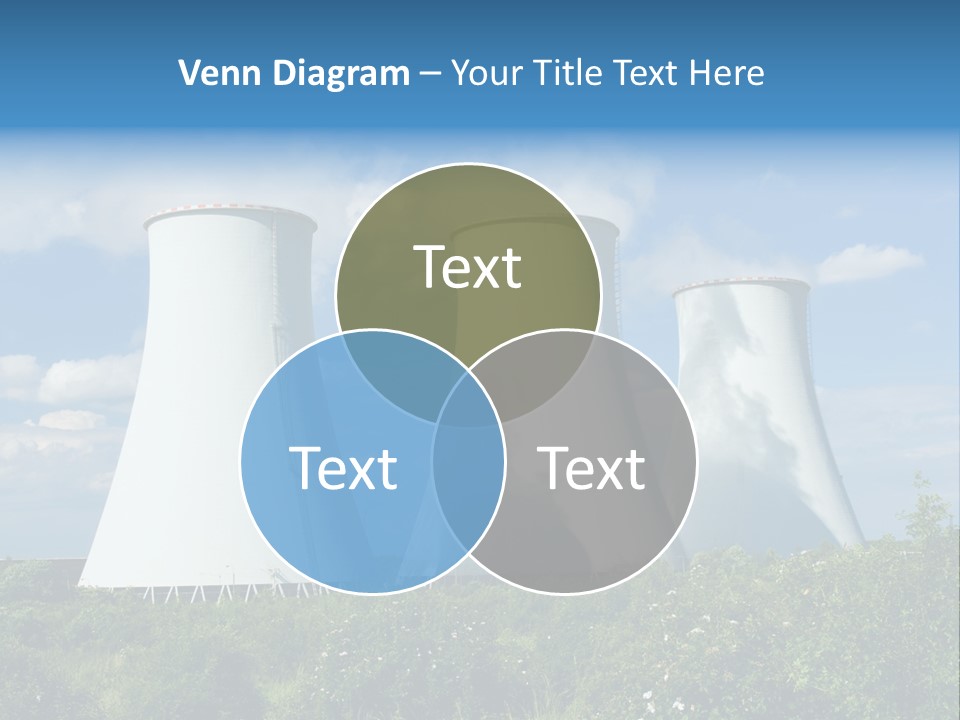 Three Cooling Towers In A Field With A Blue Sky In The Background PowerPoint Template