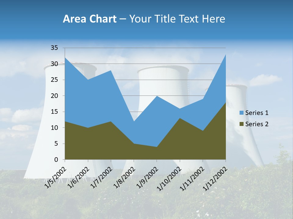 Three Cooling Towers In A Field With A Blue Sky In The Background PowerPoint Template