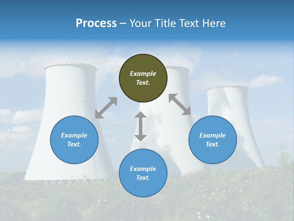 Three Cooling Towers In A Field With A Blue Sky In The Background PowerPoint Template