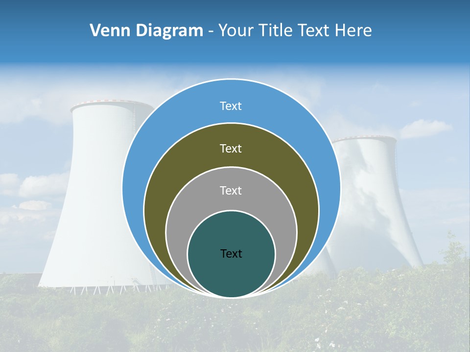 Three Cooling Towers In A Field With A Blue Sky In The Background PowerPoint Template