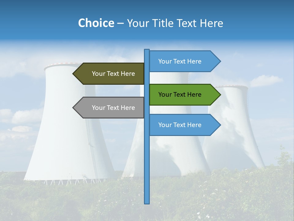 Three Cooling Towers In A Field With A Blue Sky In The Background PowerPoint Template
