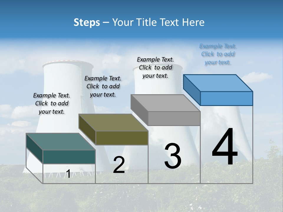 Three Cooling Towers In A Field With A Blue Sky In The Background PowerPoint Template