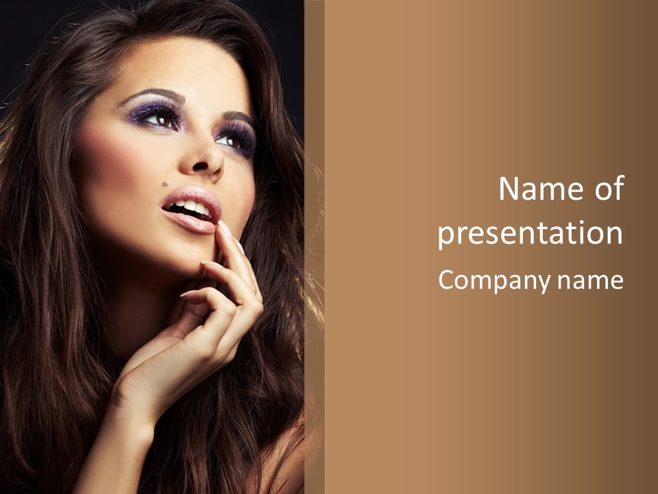 A Beautiful Woman With Long Brown Hair Posing For The Camera PowerPoint Template