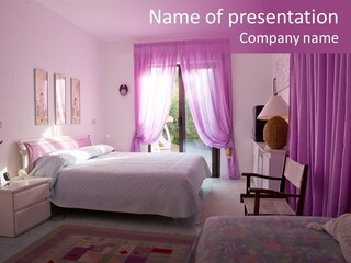 A Bed Room With A Neatly Made Bed And Purple Curtains PowerPoint Template