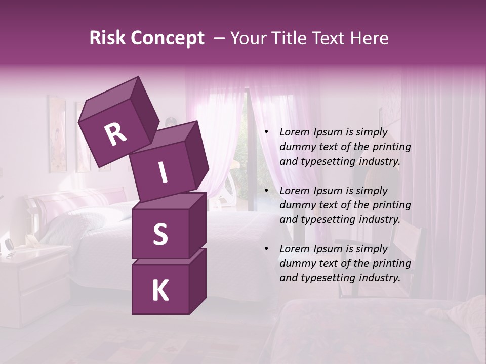 A Bed Room With A Neatly Made Bed And Purple Curtains PowerPoint Template