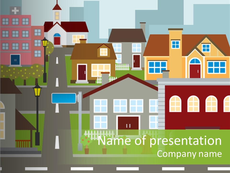 A City With Houses And A Street Light PowerPoint Template