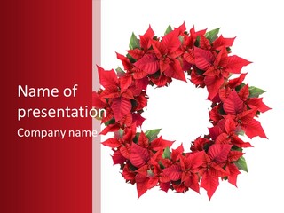 A Christmas Wreath With Poinsettis On A Red And White Background PowerPoint Template