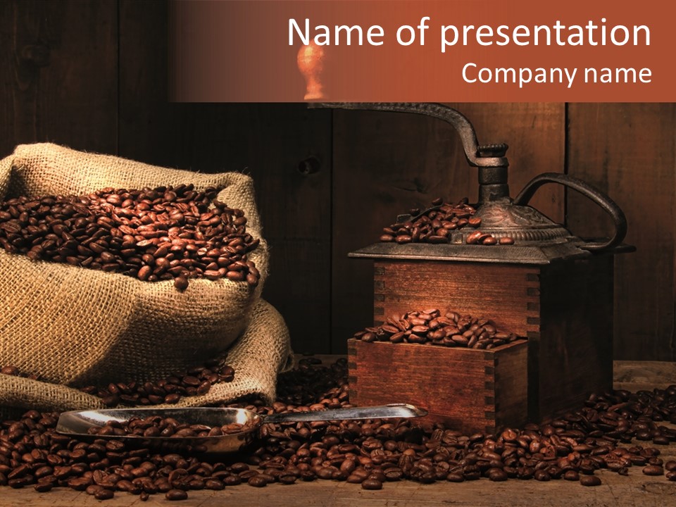 A Sack Of Coffee Beans Next To A Coffee Grinder PowerPoint Template