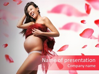 A Pregnant Woman In A Red Dress With Petals Around Her PowerPoint Template
