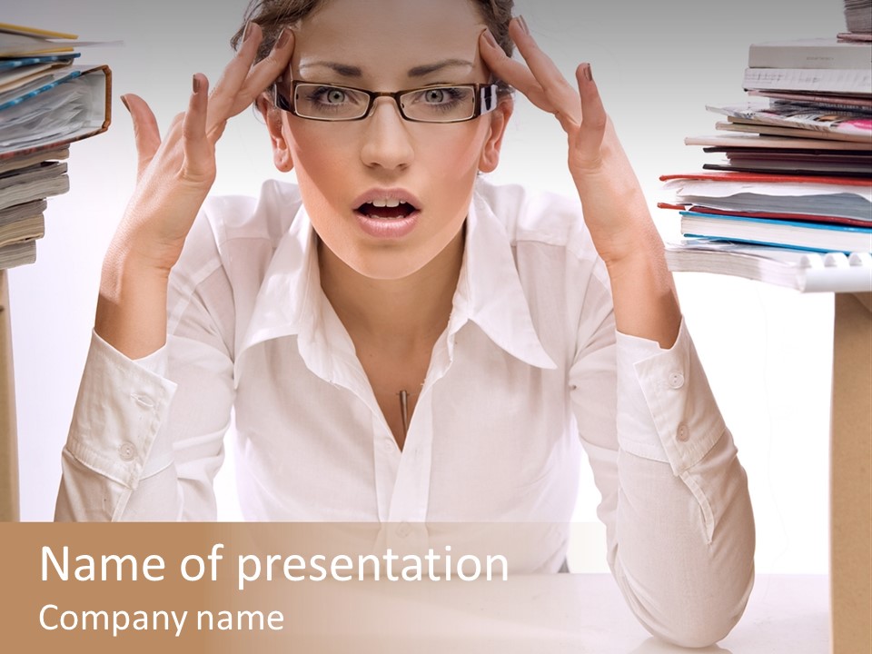 A Woman Sitting At A Desk With A Pile Of Papers PowerPoint Template