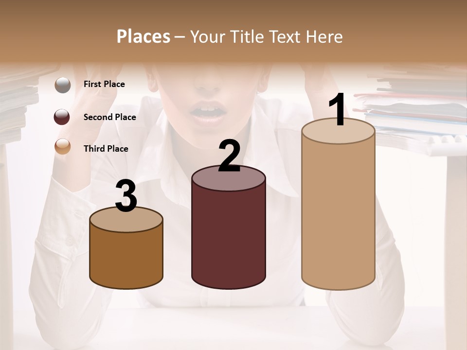 A Woman Sitting At A Desk With A Pile Of Papers PowerPoint Template