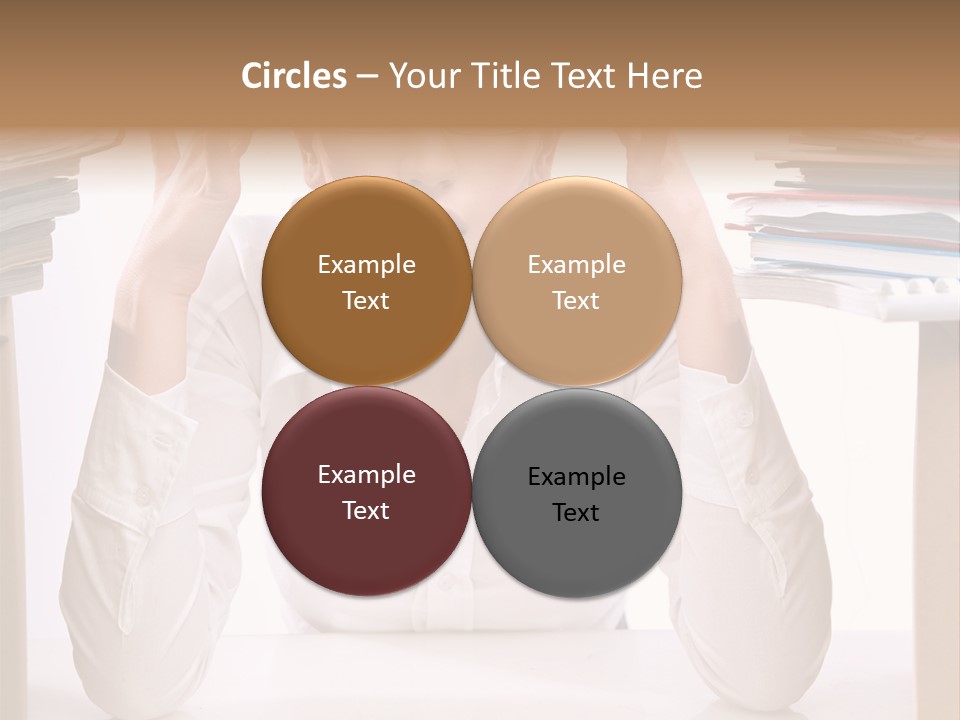 A Woman Sitting At A Desk With A Pile Of Papers PowerPoint Template