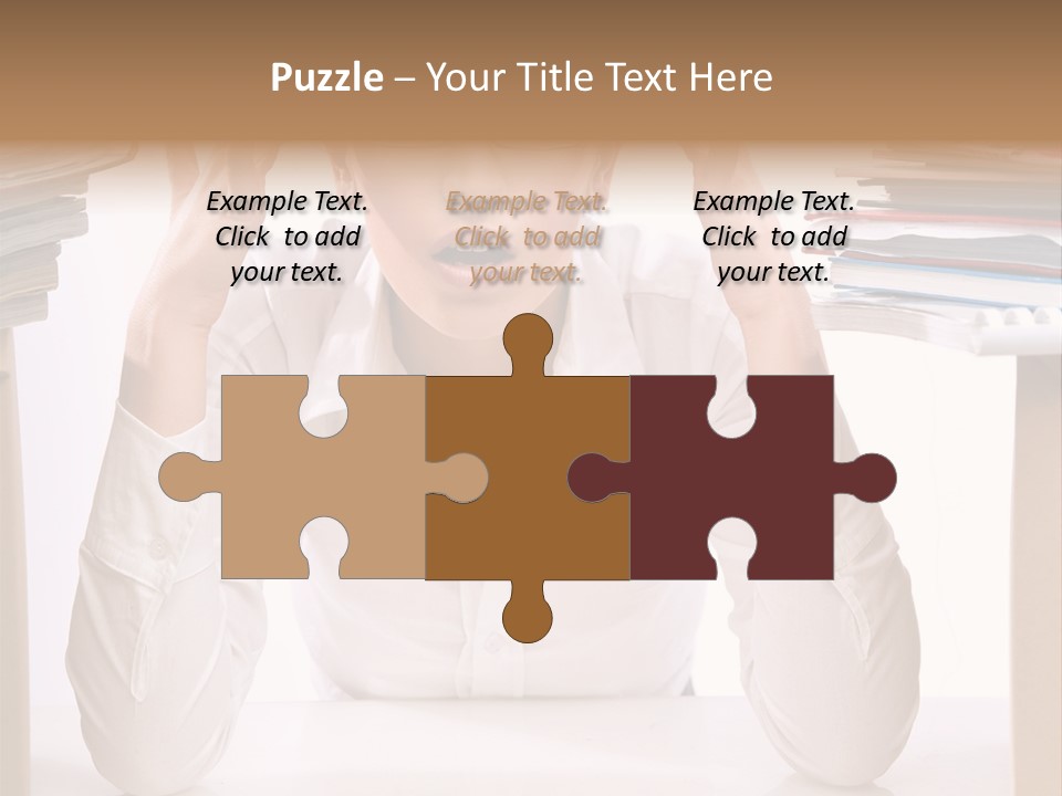 A Woman Sitting At A Desk With A Pile Of Papers PowerPoint Template