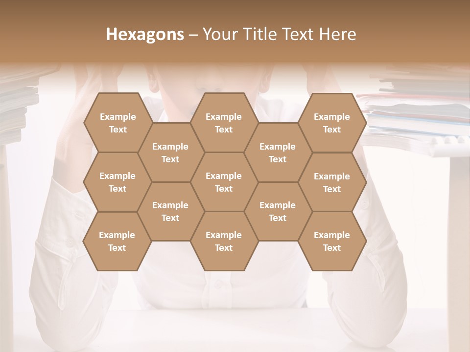 A Woman Sitting At A Desk With A Pile Of Papers PowerPoint Template