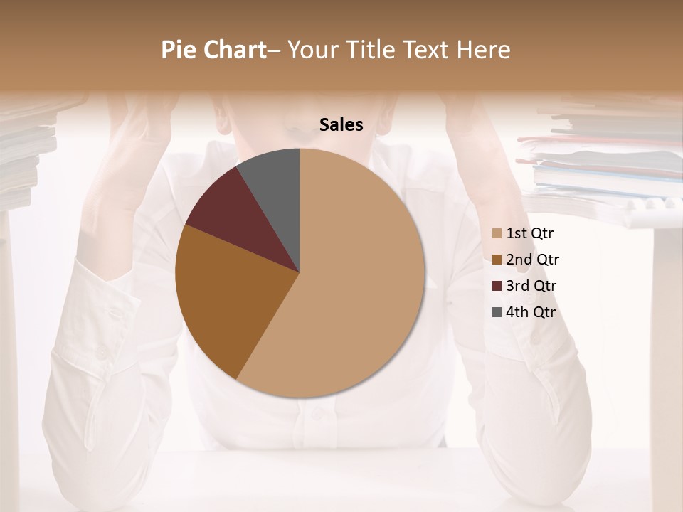 A Woman Sitting At A Desk With A Pile Of Papers PowerPoint Template