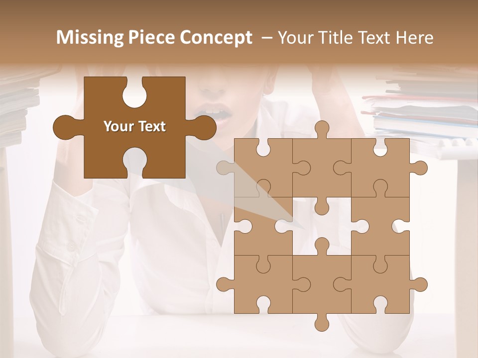 A Woman Sitting At A Desk With A Pile Of Papers PowerPoint Template