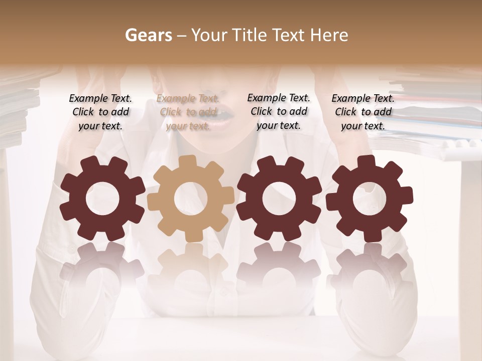 A Woman Sitting At A Desk With A Pile Of Papers PowerPoint Template