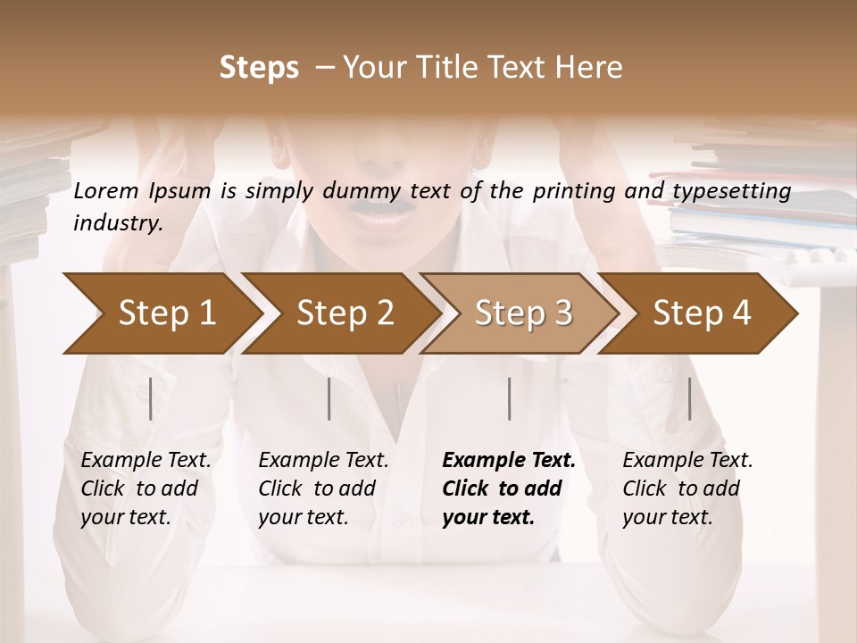A Woman Sitting At A Desk With A Pile Of Papers PowerPoint Template