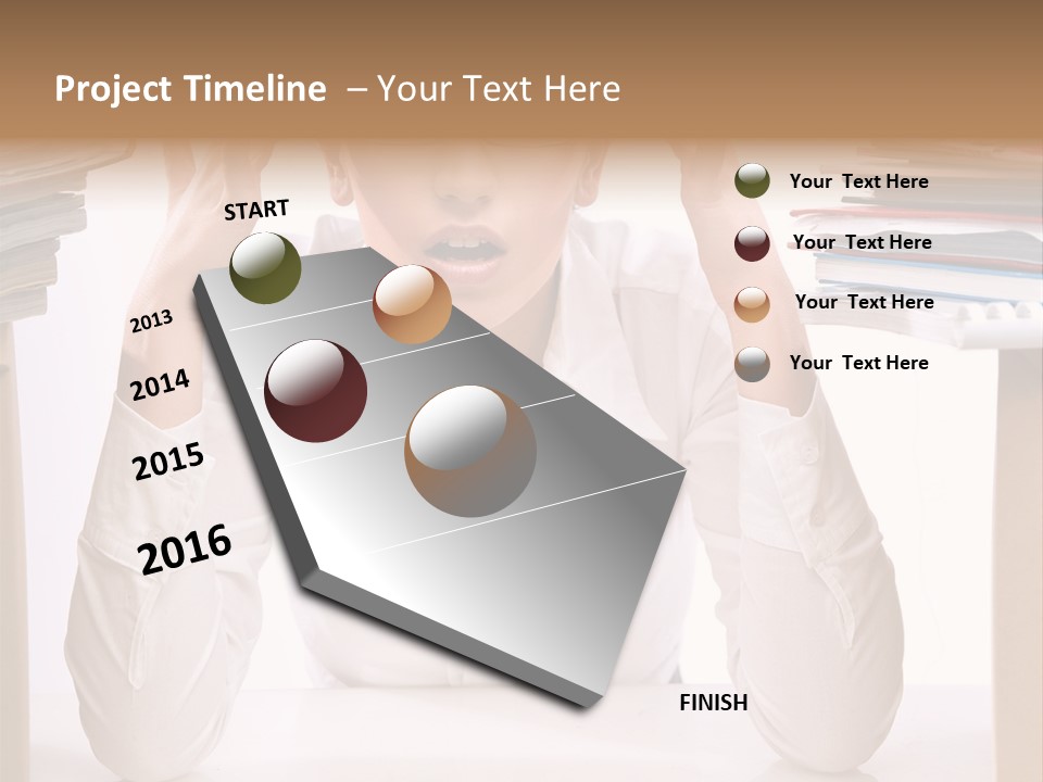 A Woman Sitting At A Desk With A Pile Of Papers PowerPoint Template