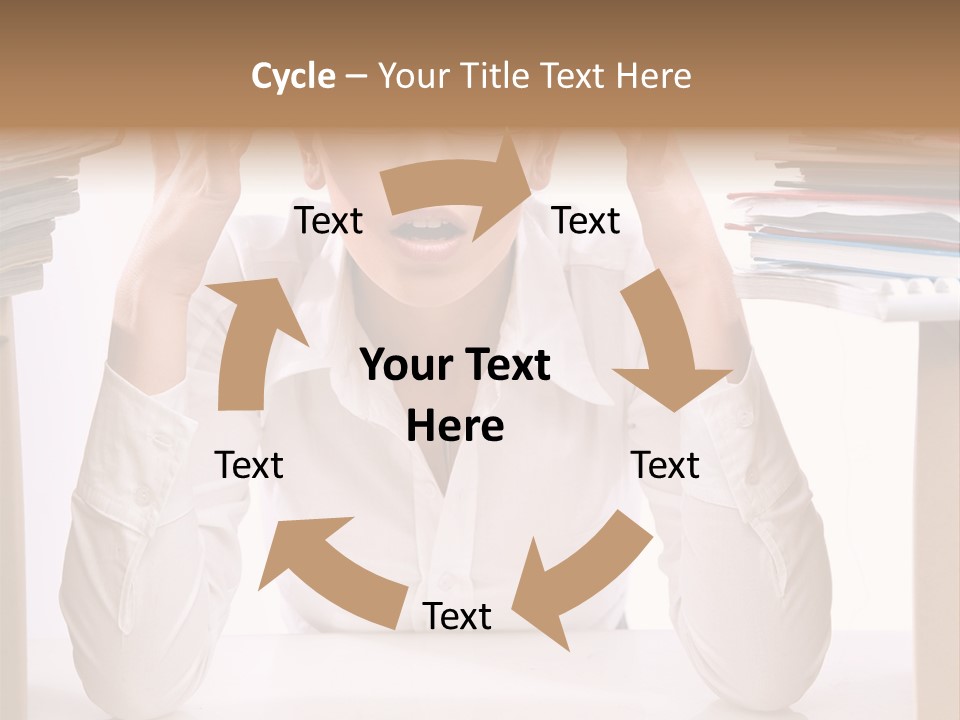 A Woman Sitting At A Desk With A Pile Of Papers PowerPoint Template