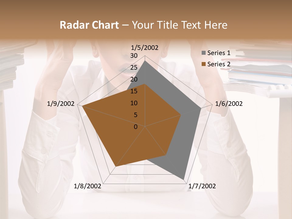 A Woman Sitting At A Desk With A Pile Of Papers PowerPoint Template