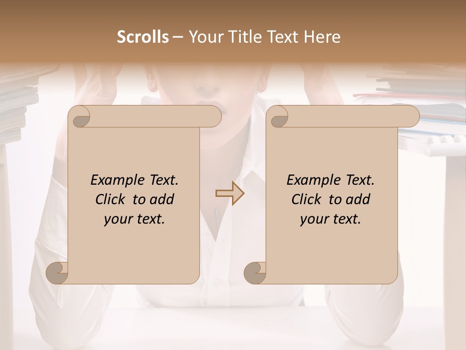 A Woman Sitting At A Desk With A Pile Of Papers PowerPoint Template