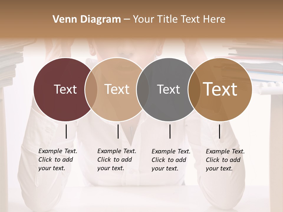 A Woman Sitting At A Desk With A Pile Of Papers PowerPoint Template