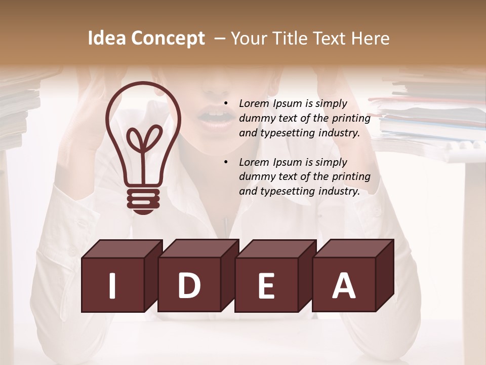 A Woman Sitting At A Desk With A Pile Of Papers PowerPoint Template