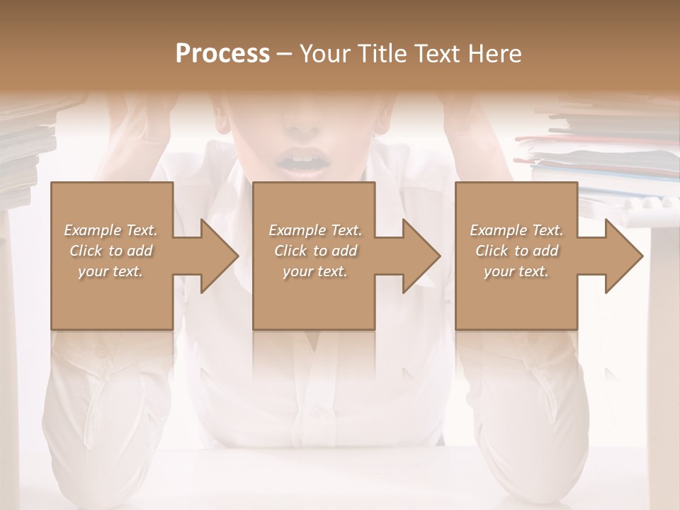 A Woman Sitting At A Desk With A Pile Of Papers PowerPoint Template