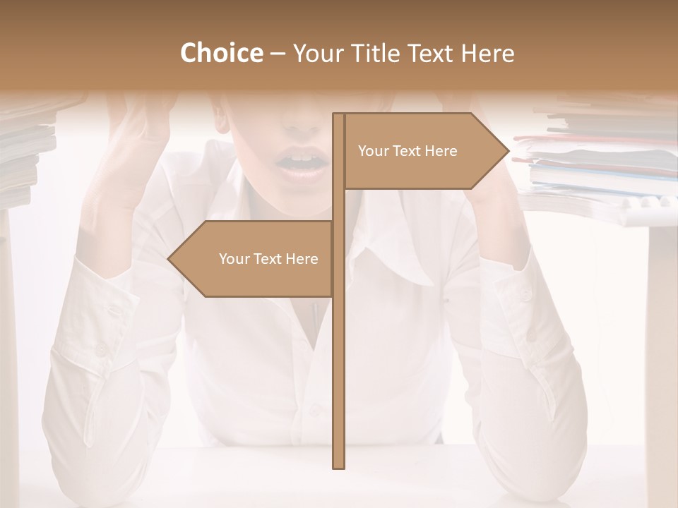 A Woman Sitting At A Desk With A Pile Of Papers PowerPoint Template