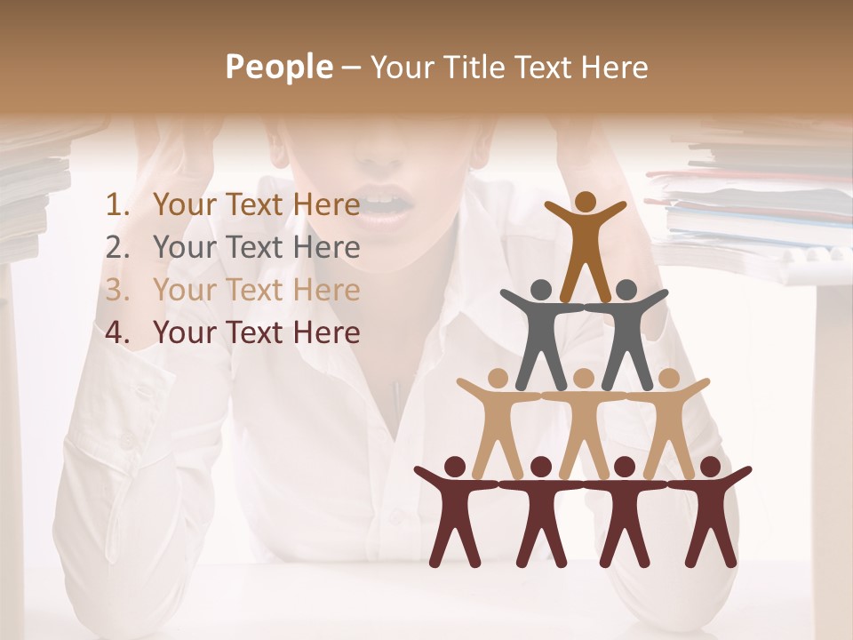 A Woman Sitting At A Desk With A Pile Of Papers PowerPoint Template