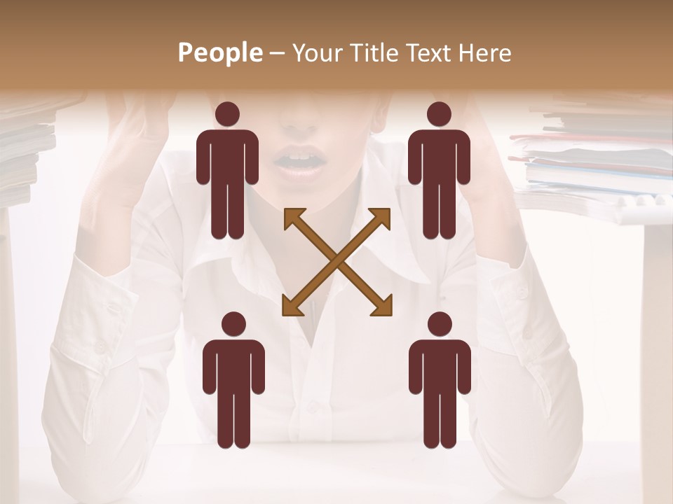 A Woman Sitting At A Desk With A Pile Of Papers PowerPoint Template