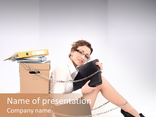 A Woman Sitting On A Box With A Chain Around Her Legs PowerPoint Template