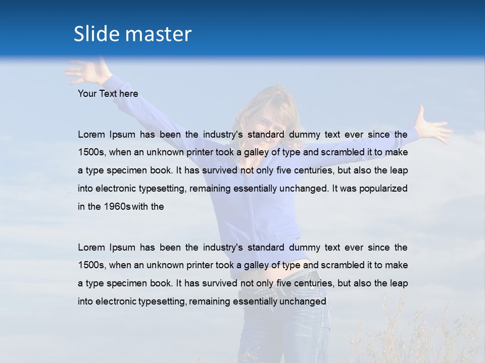 A Woman Standing In A Field With Her Arms Outstretched PowerPoint Template