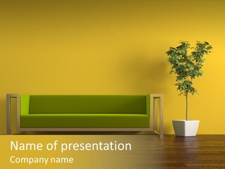 A Green Couch Sitting Next To A Potted Plant PowerPoint Template