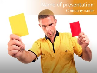 A Man Holding A Red And Yellow Card PowerPoint Template