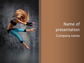 A Woman In A Black Top And Blue Pants Is Jumping In The Air PowerPoint Template