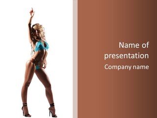 A Beautiful Woman In A Blue Bikini Posing For The Camera PowerPoint Template