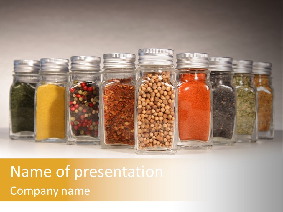 A Row Of Glass Jars Filled With Different Types Of Spices PowerPoint Template