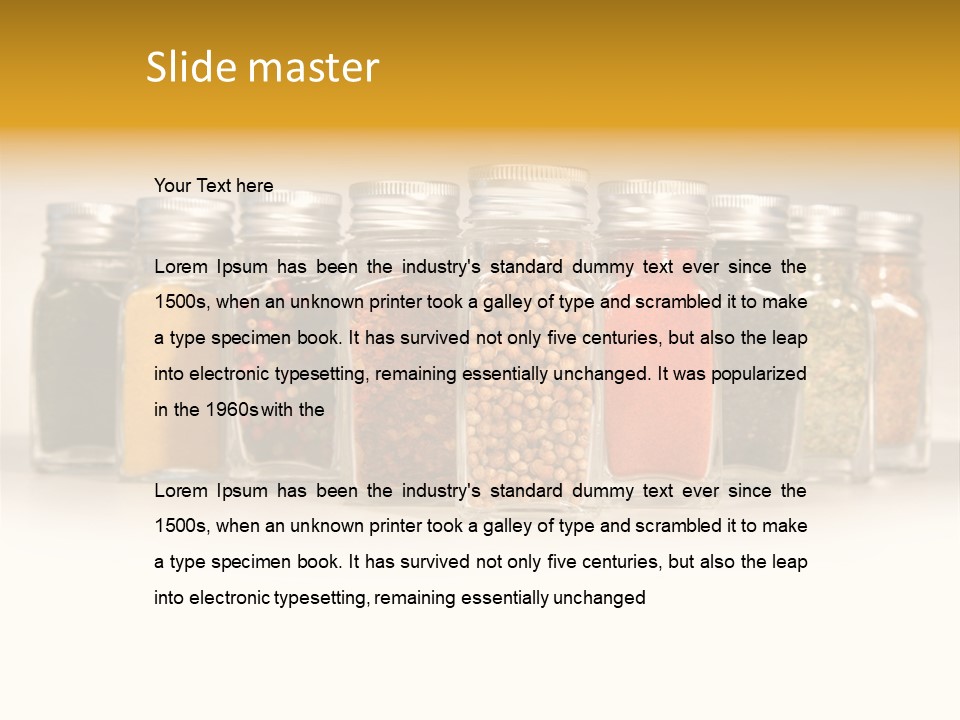 A Row Of Glass Jars Filled With Different Types Of Spices PowerPoint Template