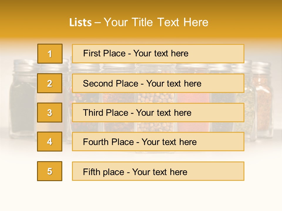 A Row Of Glass Jars Filled With Different Types Of Spices PowerPoint Template