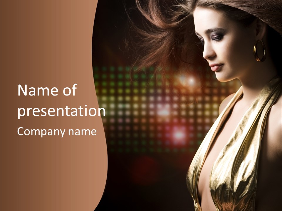 A Woman In A Gold Dress With Her Hair Blowing In The Wind PowerPoint Template