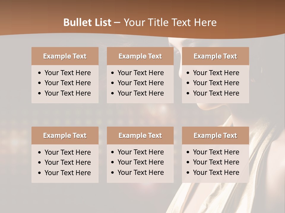 A Woman In A Gold Dress With Her Hair Blowing In The Wind PowerPoint Template