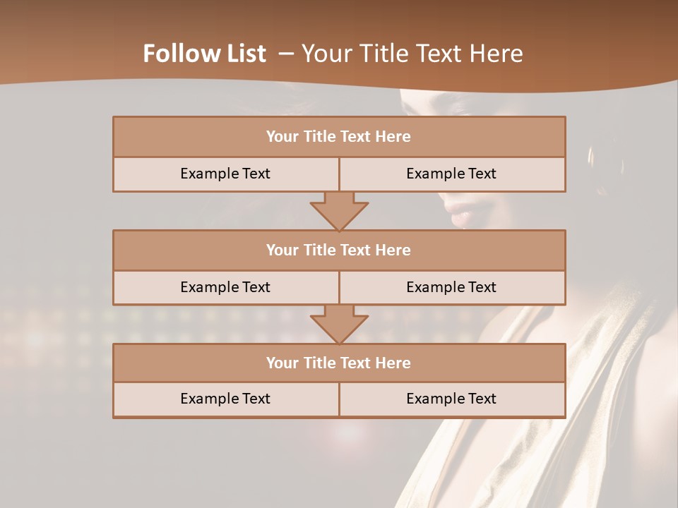 A Woman In A Gold Dress With Her Hair Blowing In The Wind PowerPoint Template