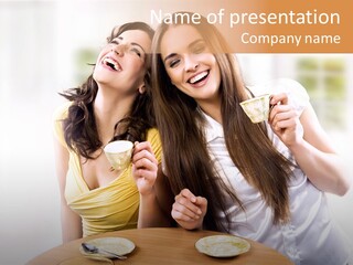 Two Beautiful Women Sitting At A Table Eating Food PowerPoint Template