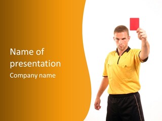 A Man In A Yellow Shirt Holding A Red Card PowerPoint Template