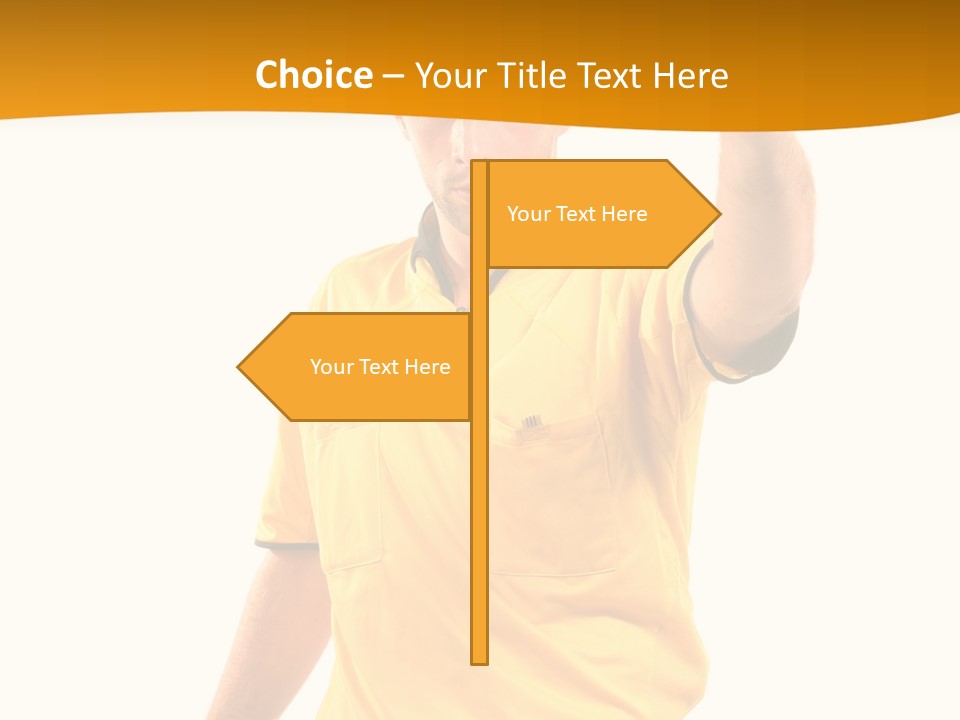 A Man In A Yellow Shirt Holding A Red Card PowerPoint Template